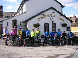 Two Mills Group riders outside the Sportsmans Arms